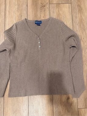 Charter Club Ribbed V-Neck Button Pullover in Taupe
